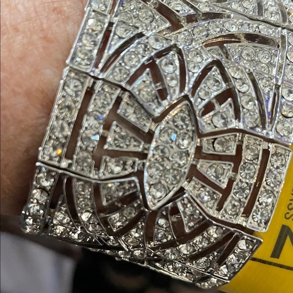 Silver Geometric Crystal Art Deco Cuff Stretch Bracelet
